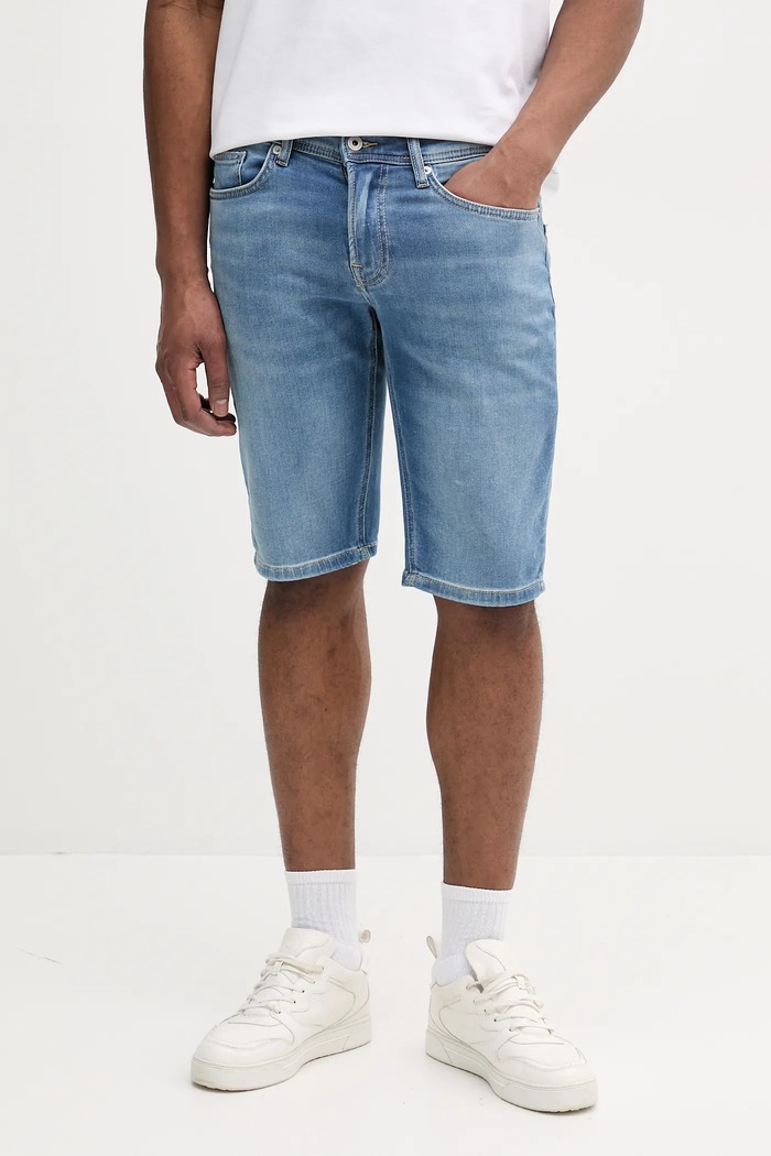 Pepe Jeans Szorty jeansowe SLIM GYMDIGO SHORT TRACK niebieski PM801075HV1