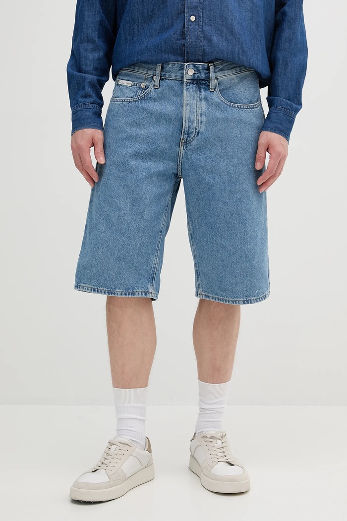 Rifľové krátke nohavice Calvin Klein Jeans Planet friendly modrá J30J327187