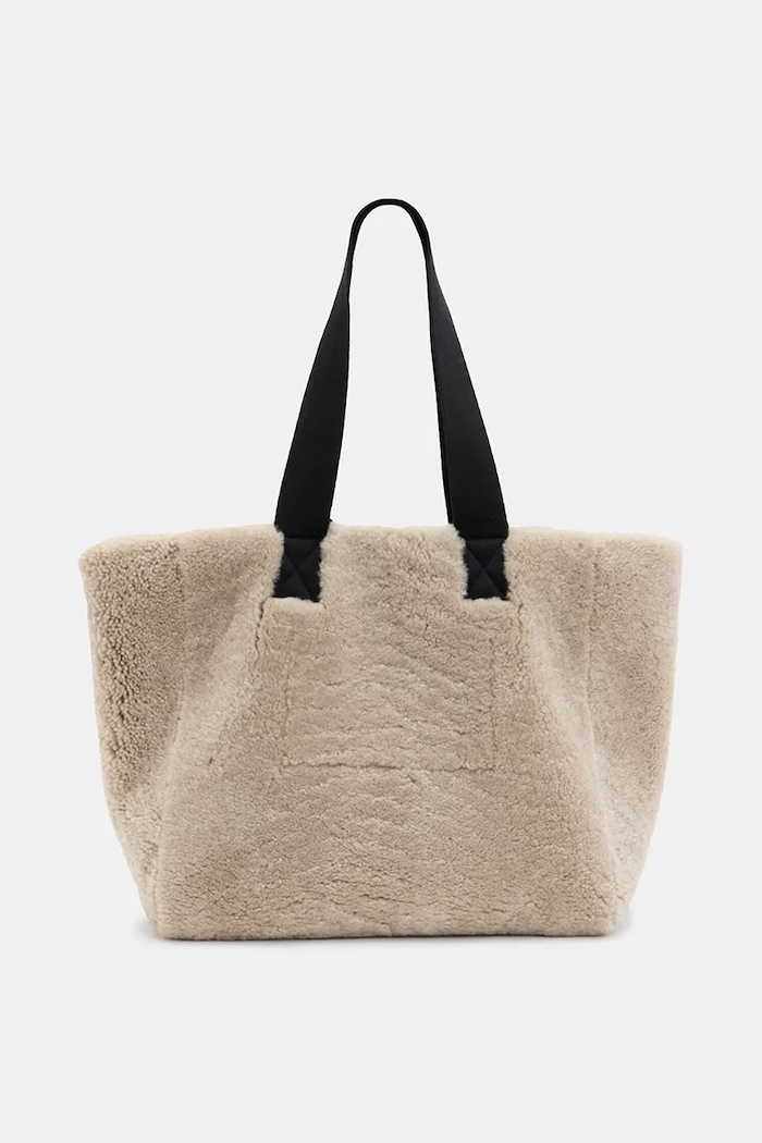 AllSaints geantă din piele cu două fețe IZZY SHEARLING W056XB maro SS25