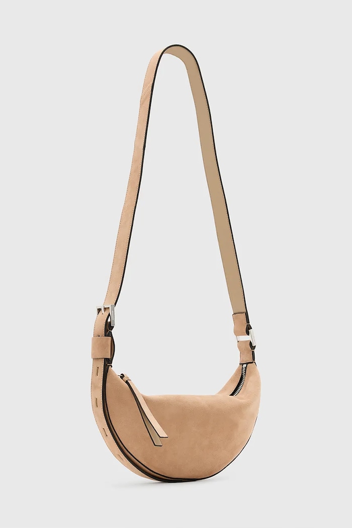 AllSaints torebka zamszowa HALFMOON W099XC beżowy SS25