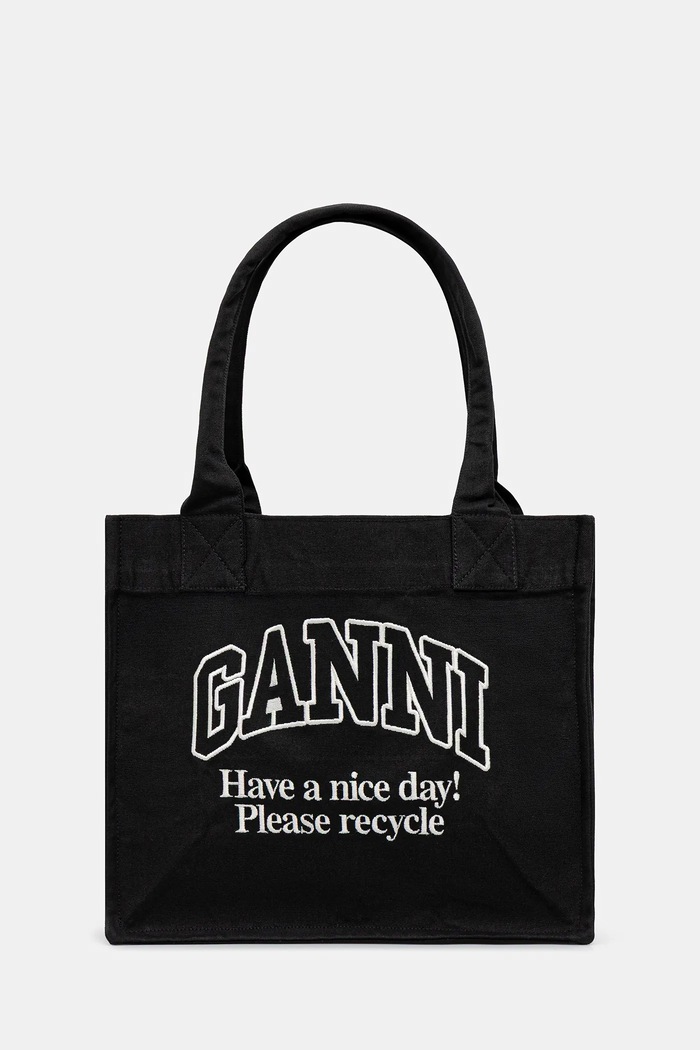 GANNI torebka bawełniana Large Easy Shopper Contrasted Logo tekstylny czarny A6647