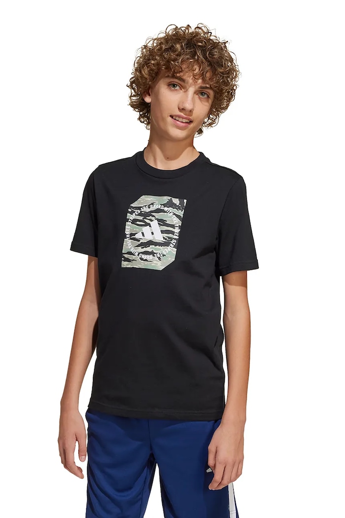 adidas t-shirt bawełniany dziecięcy nadruk czarny JM8234