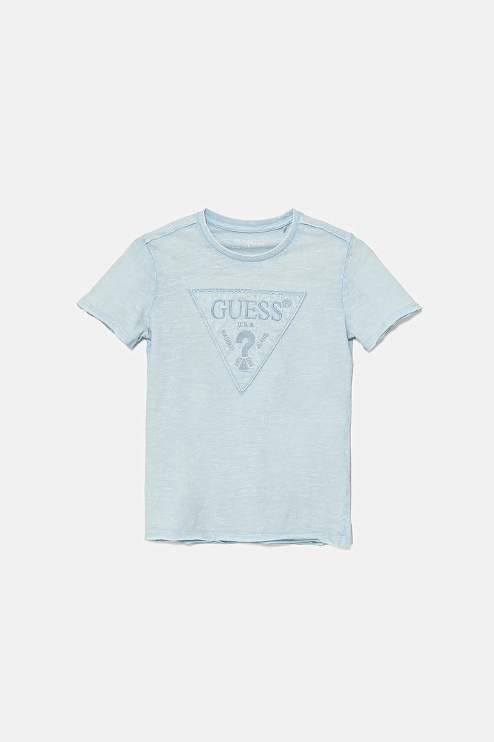 Παιδικό βαμβακερό μπλουζάκι Guess απλικέ μπλε L5GI02.K6XN4.PPYA