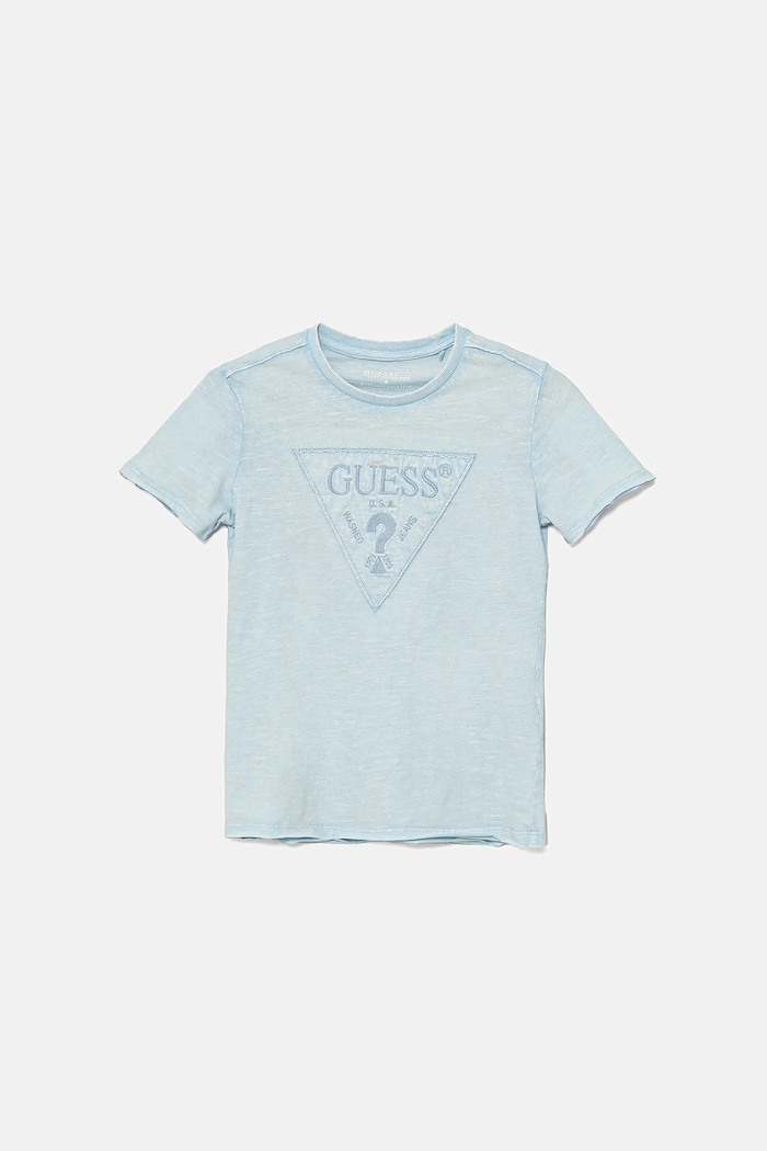 Παιδικό βαμβακερό μπλουζάκι Guess απλικέ μπλε L5GI02.K6XN4.PPYA