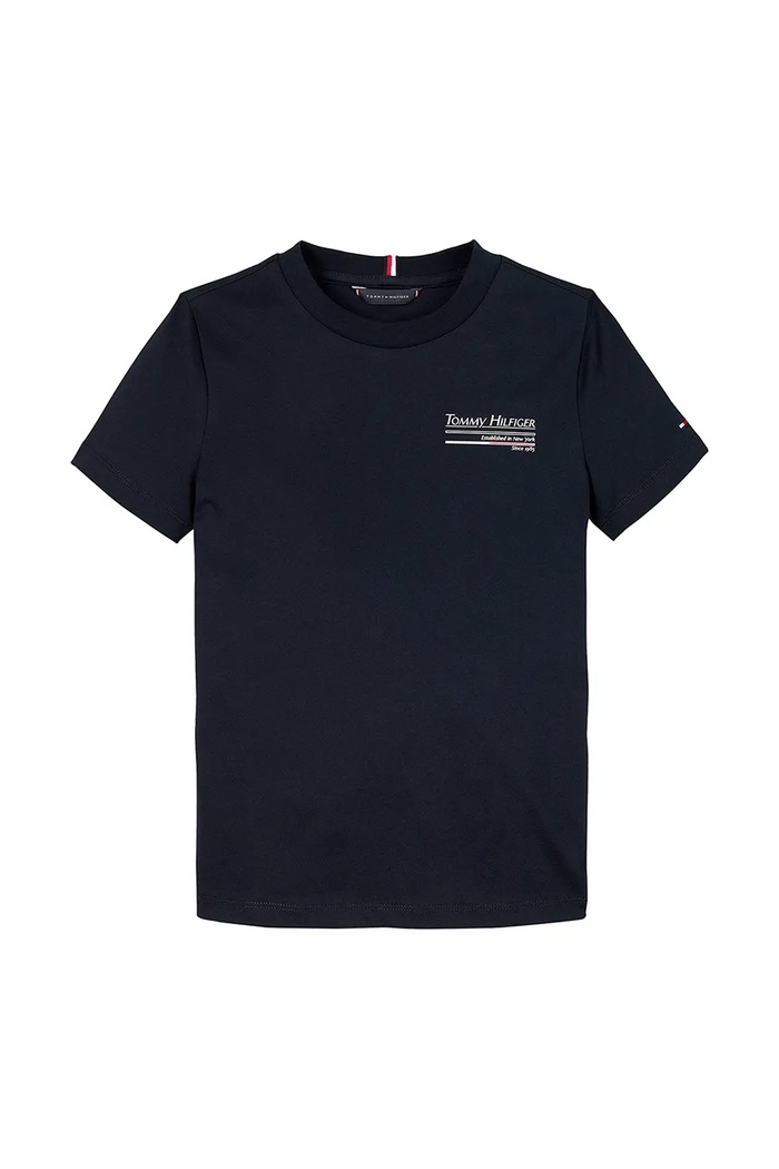 Παιδικό βαμβακερό μπλουζάκι Tommy Hilfiger στάμπα σκούρο μπλε KB0KB09537.128.176.PPYA