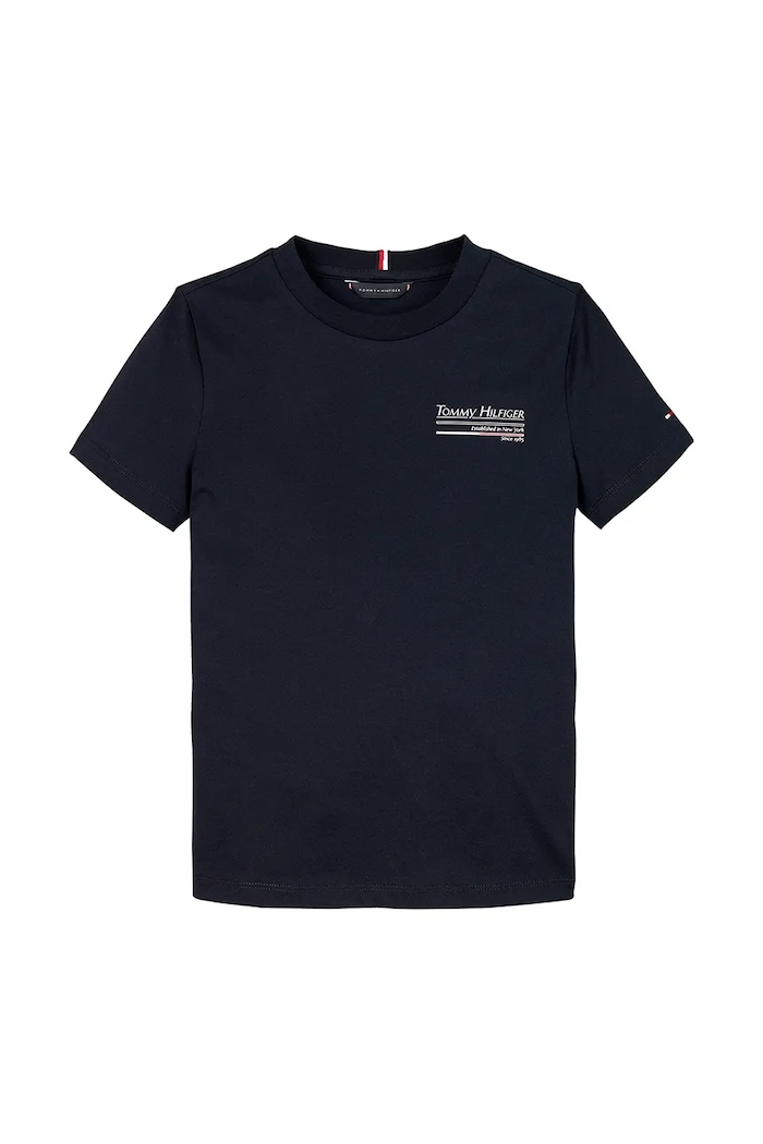 Παιδικό βαμβακερό μπλουζάκι Tommy Hilfiger στάμπα σκούρο μπλε KB0KB09537.128.176.PPYA