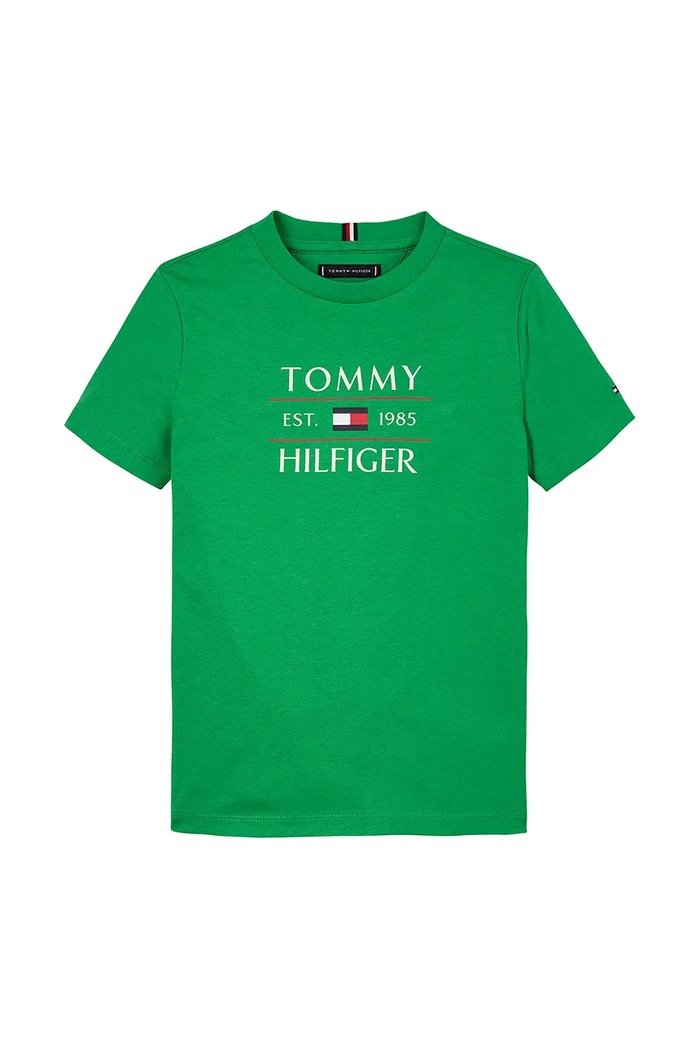 Tommy Hilfiger Παιδικό βαμβακερό μπλουζάκι Tommy Hilfiger KB0KB09538.128.176.PPYA πράσινο SS25