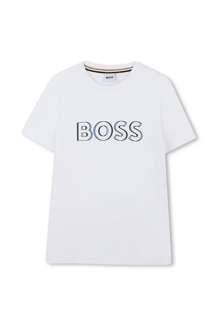 Dječja pamučna majica kratkih rukava BOSS print bijela J52034.114.150