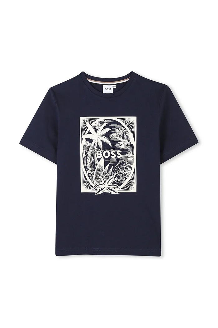 Dječja pamučna majica kratkih rukava BOSS print mornarsko plava J52050.162.174
