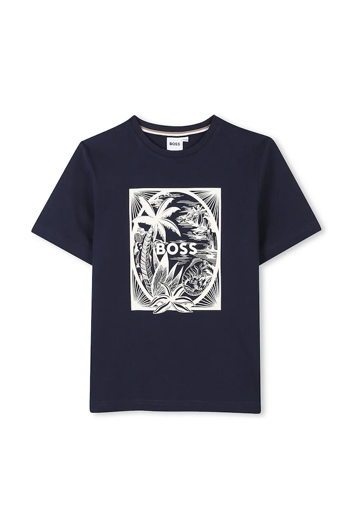 Dječja pamučna majica kratkih rukava BOSS print mornarsko plava J52050.162.174