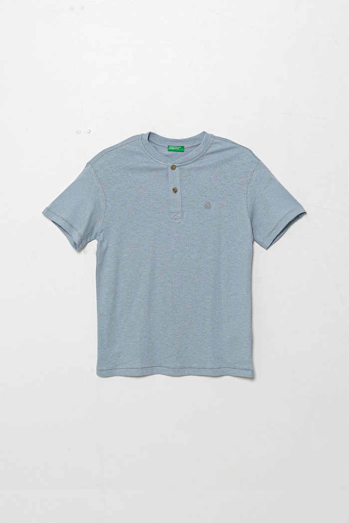 United Colors of Benetton t-shirt z domieszką lnu dziecięcy zapinany niebieski 3F4JC10NN.G.Seasonal