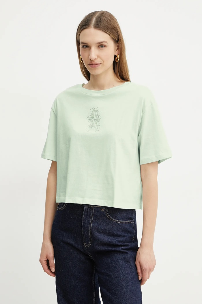 Bombažna kratka majica Armani Exchange Okrogel zelena XW000102.AF10359