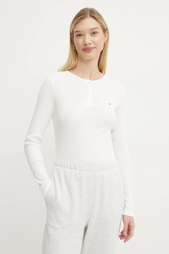 Bavlněné tričko s dlouhým rukávem Tommy Jeans slim bílá DW0DW19501
