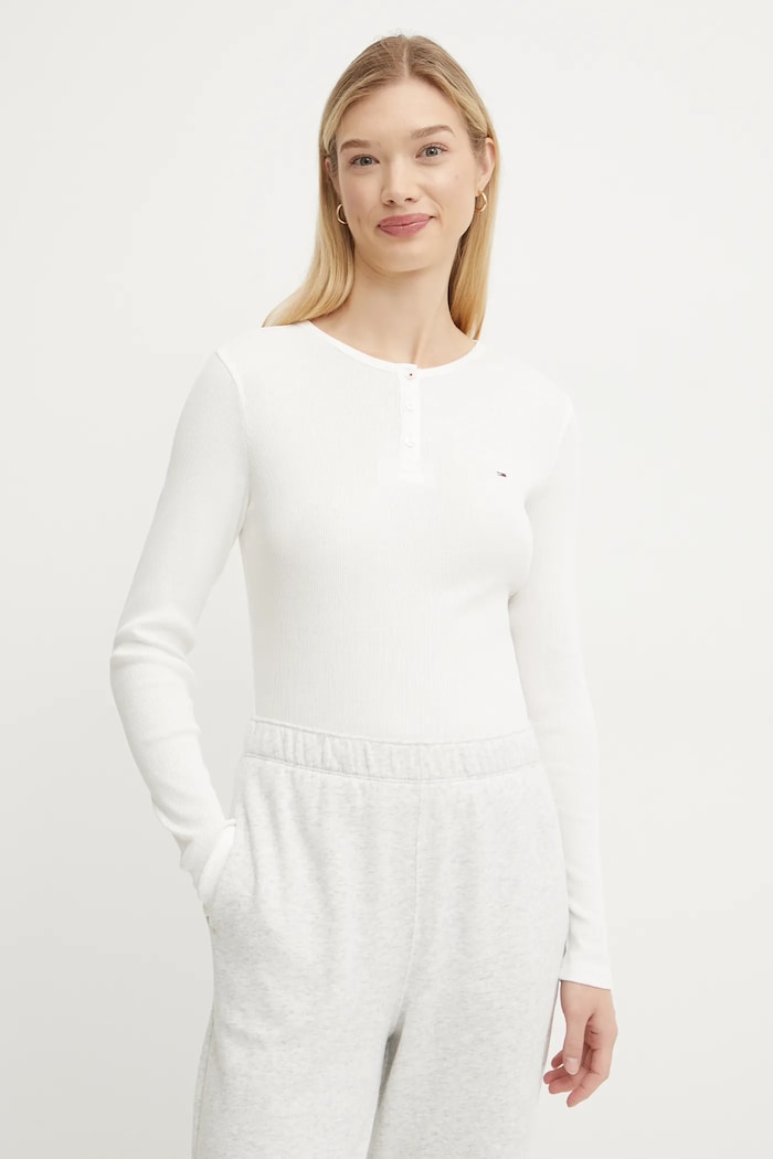 Bavlněné tričko s dlouhým rukávem Tommy Jeans slim bílá DW0DW19501