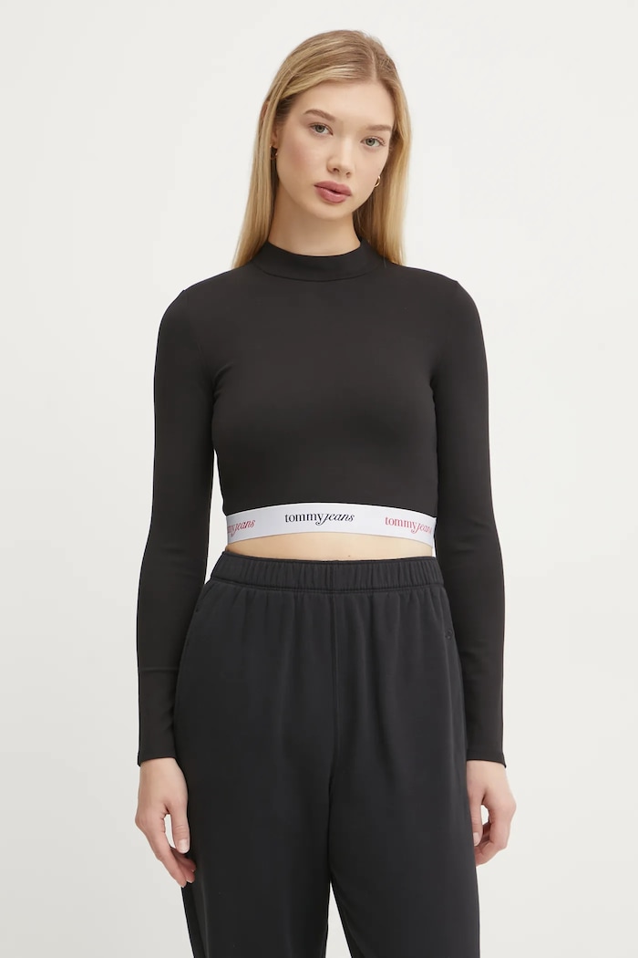 Tričko s dlhým rukávom Tommy Jeans slim čierna DW0DW19510