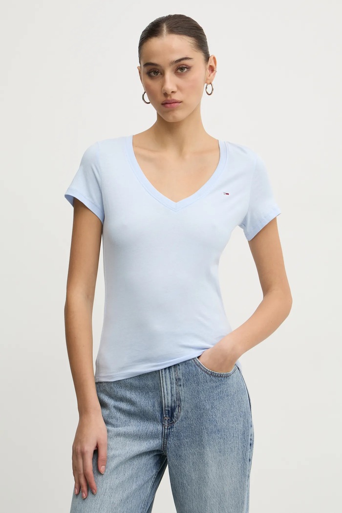 Tommy Jeans тениска дамска от памук вталена син DW0DW20458