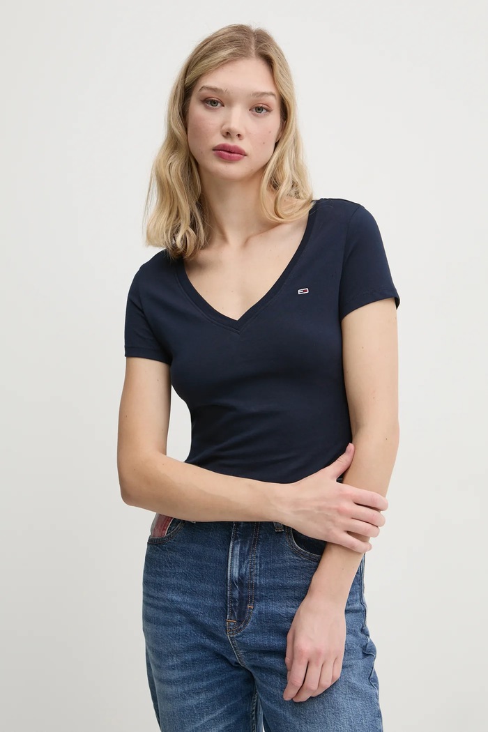 Tommy Jeans tricou feminin din bumbac uni bleumarin DW0DW20458