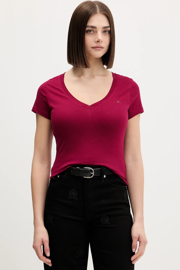 Tommy Jeans tričko dámske bavlnené slim burgundské DW0DW20458