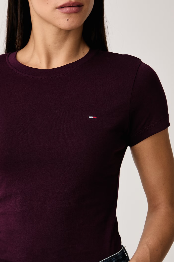 T-shirt basic damski bawełniany Tommy Jeans bordowy DW0DW20459