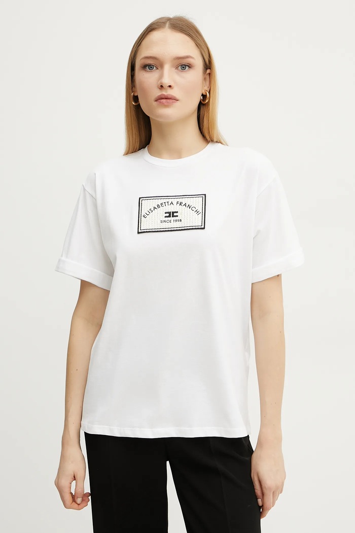 Elisabetta Franchi t-shirt bawełniany aplikacja biały MA03551E2