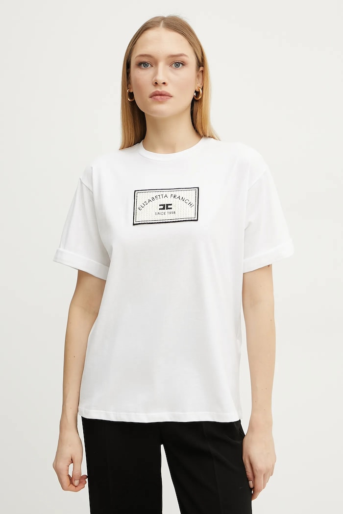 Elisabetta Franchi t-shirt bawełniany aplikacja biały MA03551E2