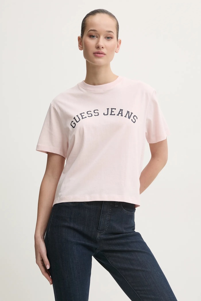 Bavlněné tričko Guess Jeans kulatý růžová W5RI41.K8HM0