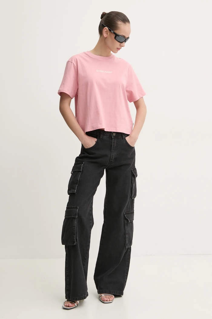 Βαμβακερό μπλουζάκι Guess Jeans W5RI42.K8HM0 ροζ SS26