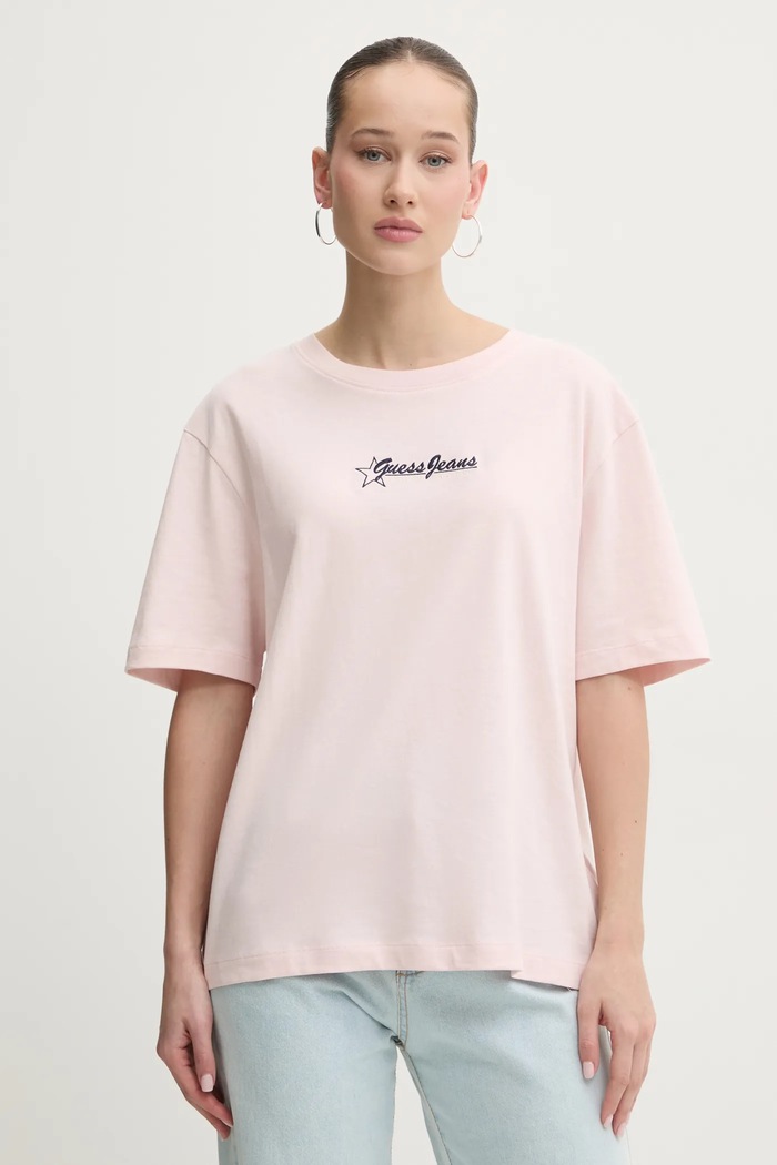Guess Jeans tricou din bumbac imprimeu roz W5RI48.K8HM0