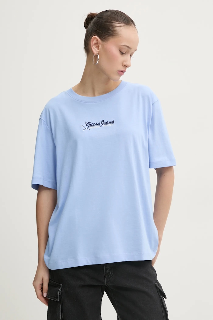Bavlněné tričko Guess Jeans kulatý modrá W5RI48.K8HM0