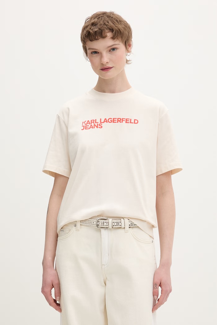 Karl Lagerfeld Jeans tričko dámske bavlnené potlač béžová A1W17005