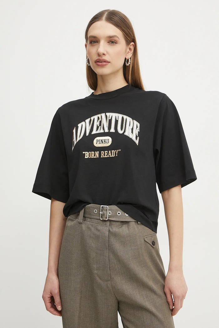 Pinko t-shirt bawełniany nadruk czarny 104604.A2CS
