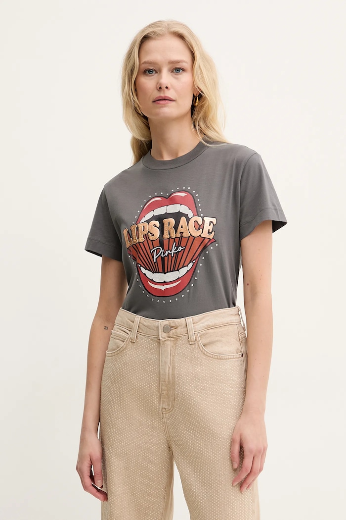 Pinko t-shirt bawełniany nadruk szary 105050.A2D8