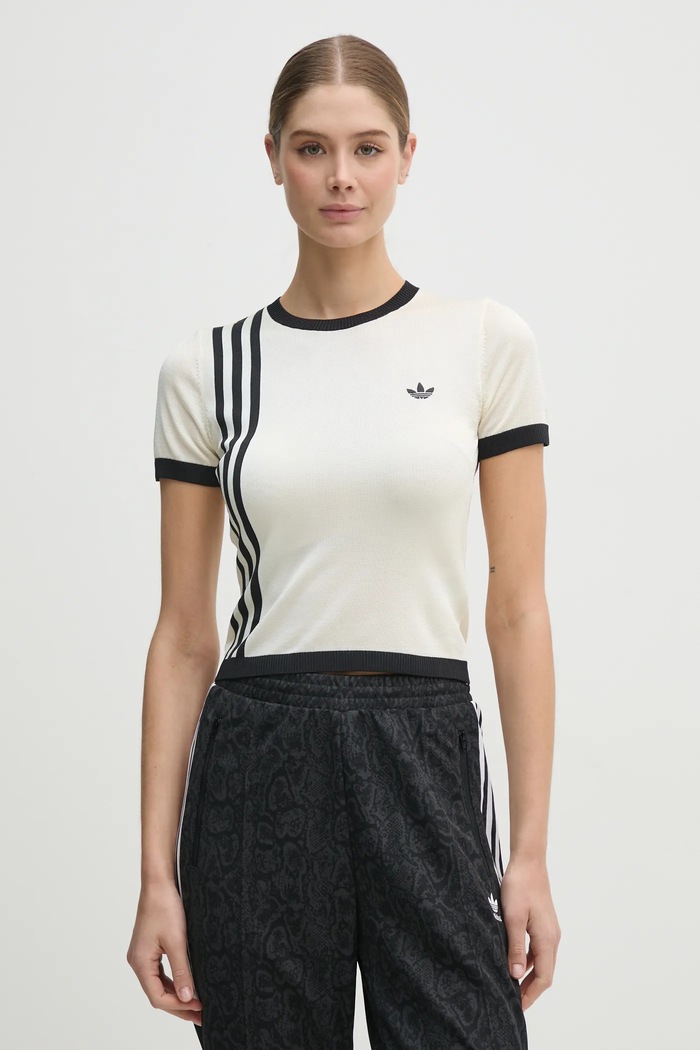 Tričko adidas Originals KNITTED 3S TEE okrúhly béžová JJ0961