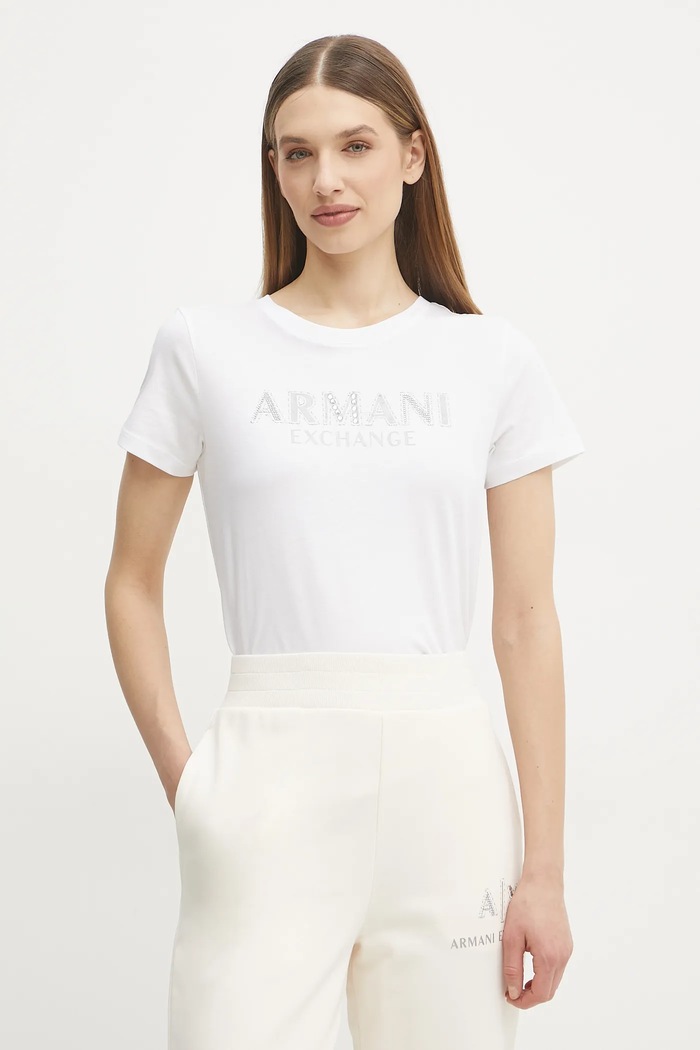 Bombažna kratka majica Armani Exchange Našitek bela XW000387.AF10354