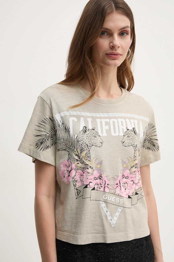 Guess t-shirt bawełniany nadruk beżowy W5RI13.K6XN4