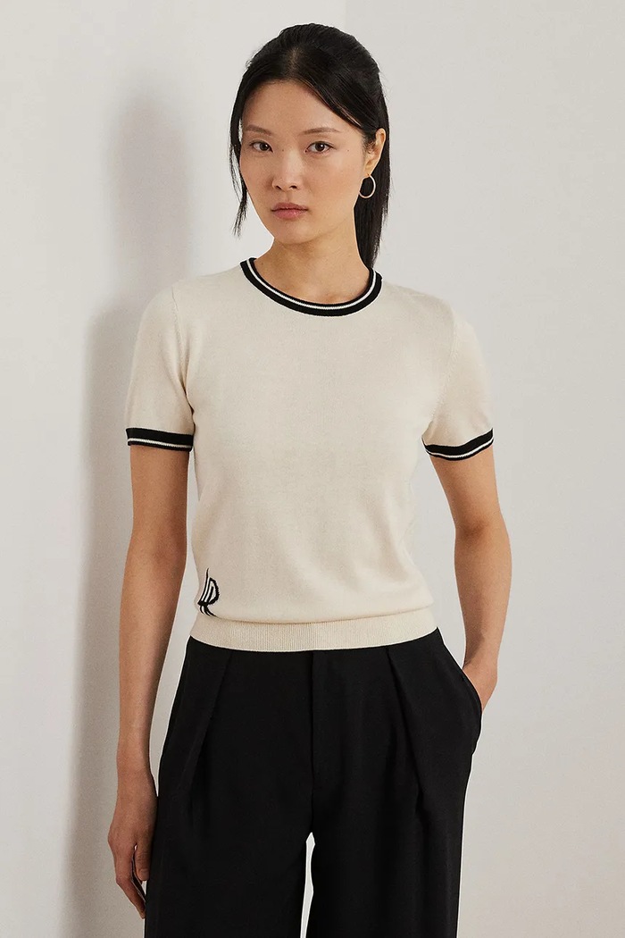 Bombažna kratka majica Lauren Ralph Lauren Okrogel bež 200963659