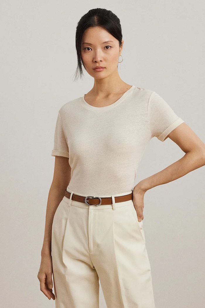 Lauren Ralph Lauren t-shirt lniany okrągły beżowy 200963871