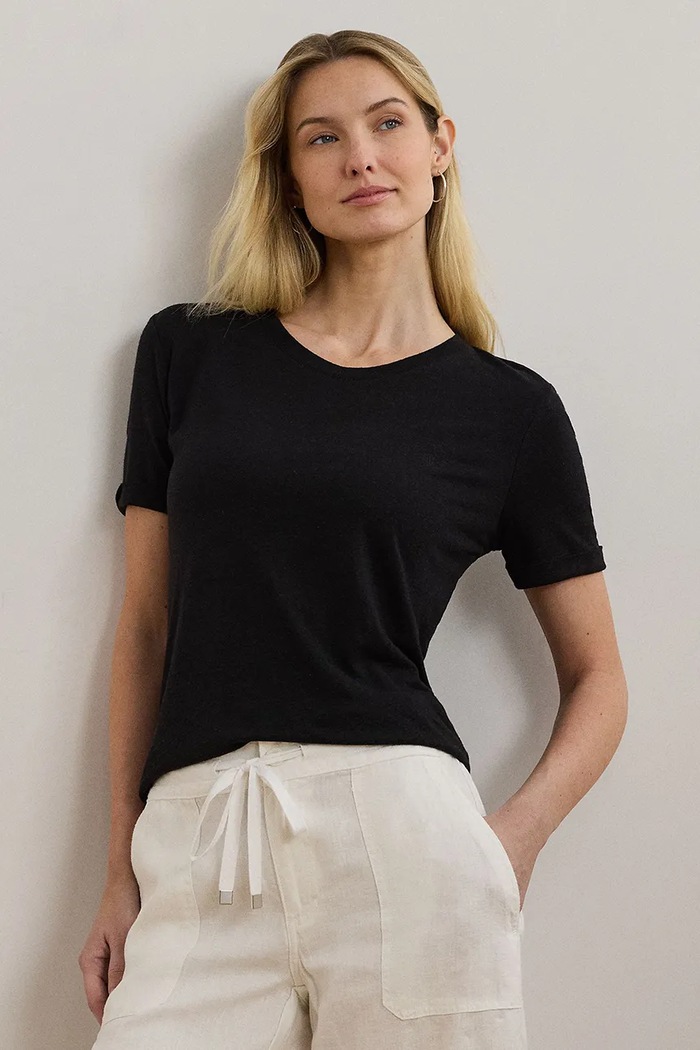 Lauren Ralph Lauren t-shirt lniany okrągły czarny 200963871
