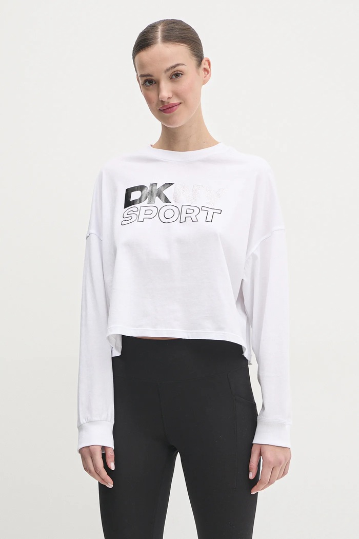 Pamučna majica dugih rukava Dkny print bijela DP5T1117