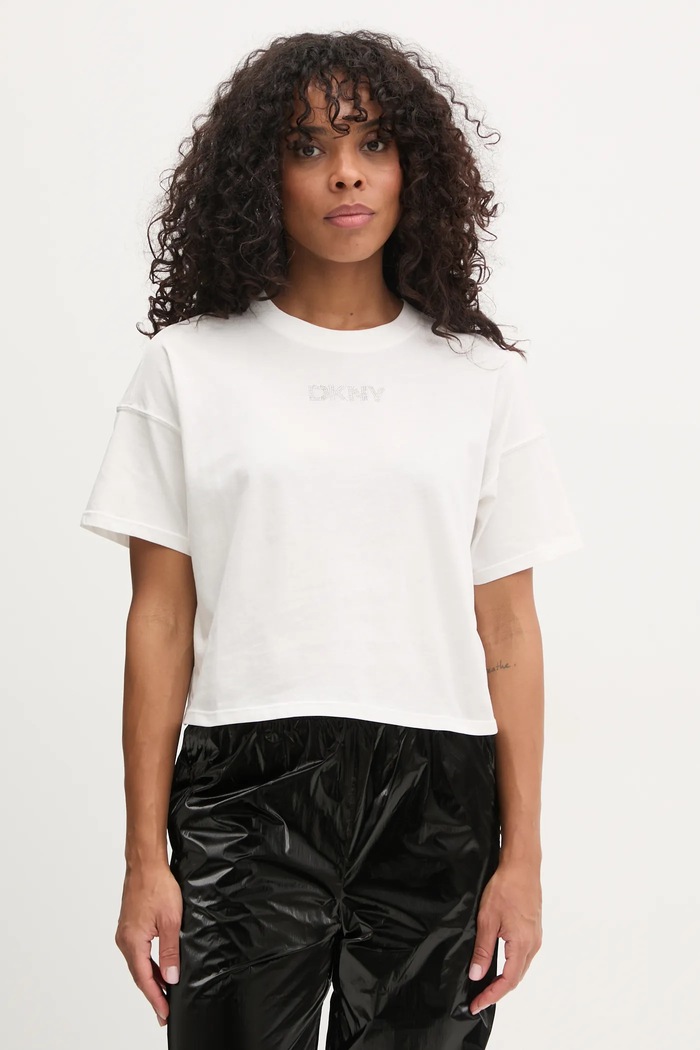 Pamučna majica Dkny natpis bež DP4T1070