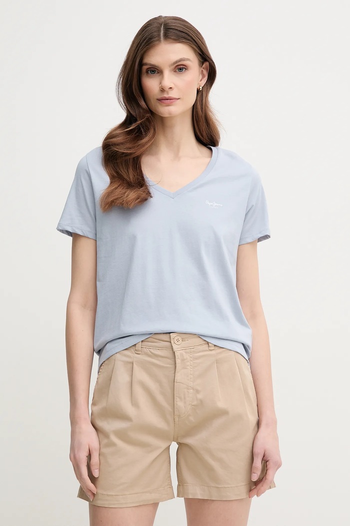 Pepe Jeans tricou din bumbac MACY V-NECK uni albastru PL506051