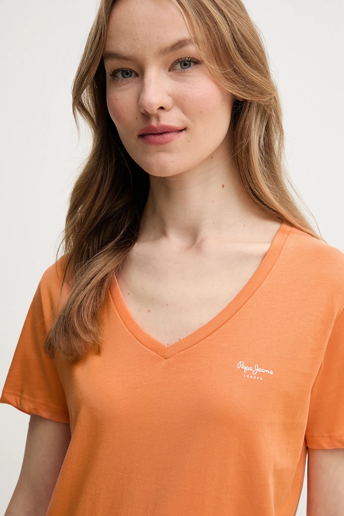 Βαμβακερό μπλουζάκι Pepe Jeans MACY V-NECK πορτοκαλί PL506051