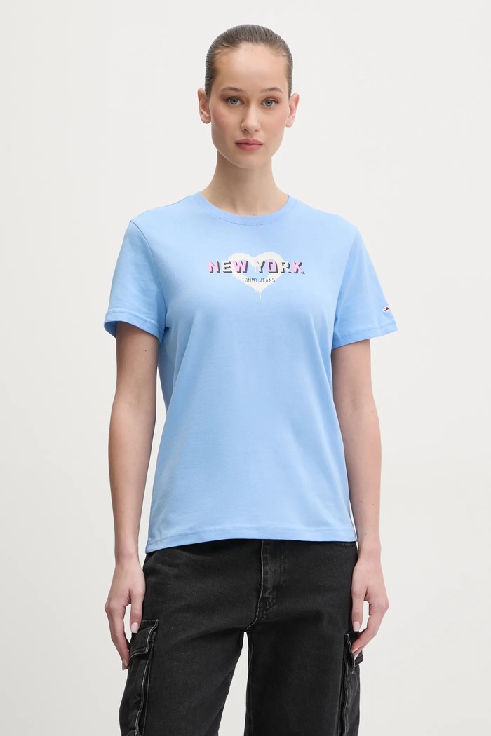 Bavlněné tričko Tommy Jeans potisk modrá DW0DW21769