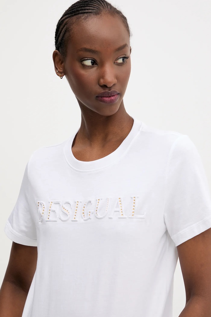 Desigual tricou din bumbac BRANDY alb 25SWTK17