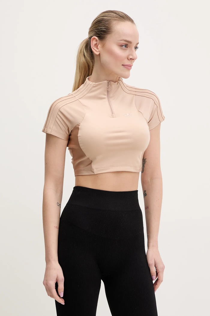 Тениска adidas Originals Zip Up Crop Top вталена бежов JJ0916