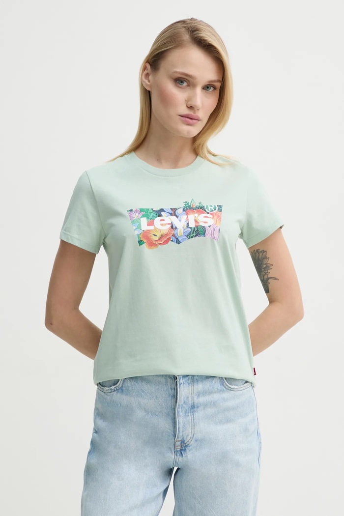 Bavlnené tričko Levi's THE PERFECT TEE potlač zelená 17369.