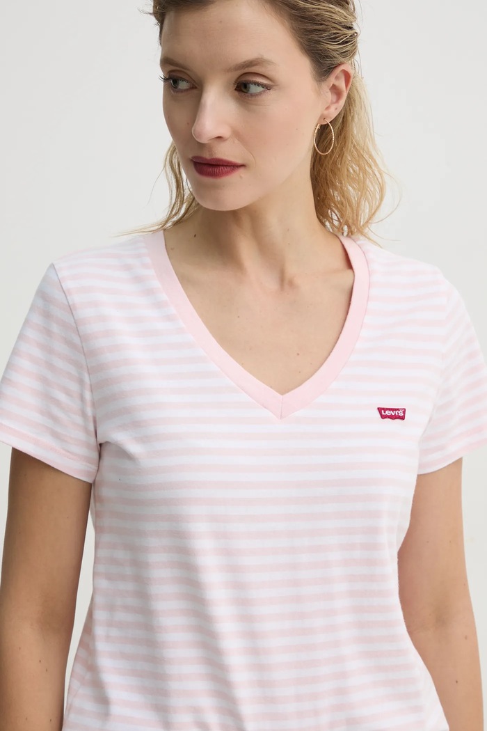 Bavlnené tričko Levi's LSE_PERFECT VNECK pásiky ružová A3170