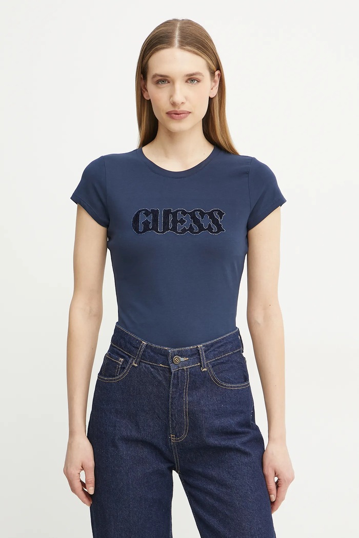 Μπλουζάκι Guess με ελαστάν σκούρο μπλε W5GI42.J1314