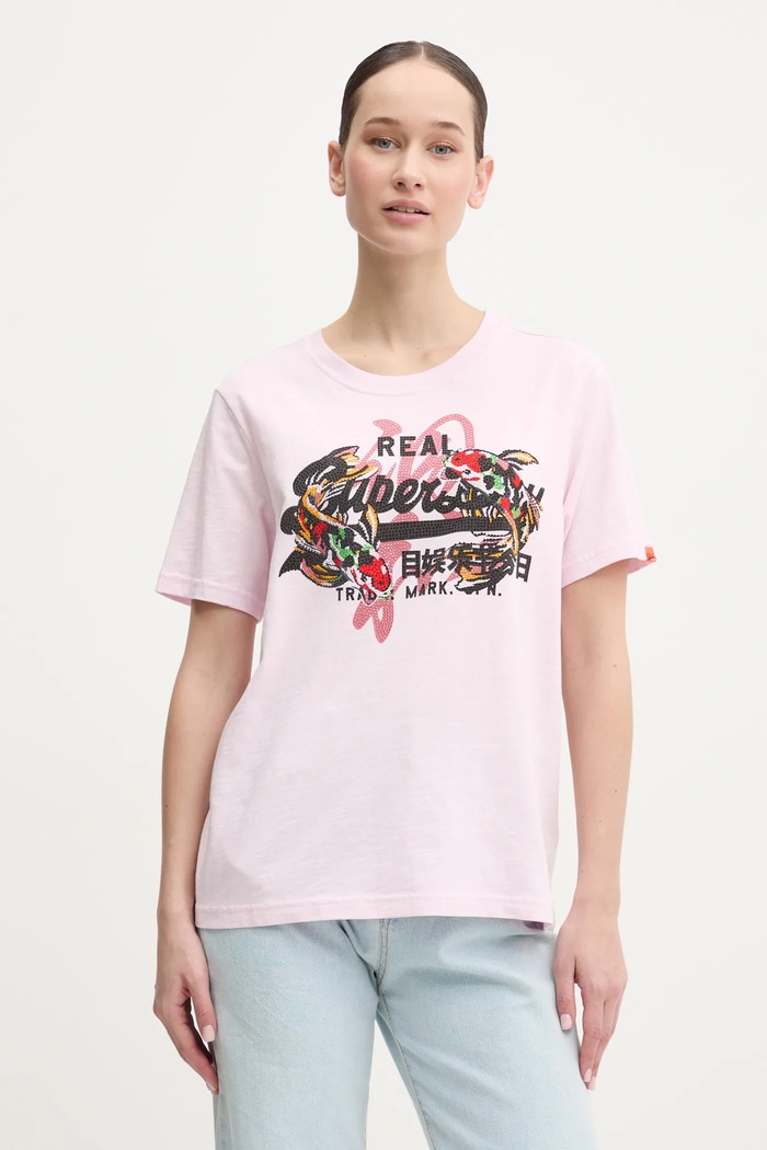 Superdry t-shirt bawełniany aplikacja różowy W1011627A.9HQ
