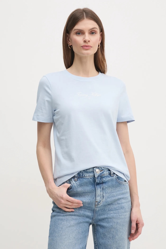 Bavlněné tričko Tommy Hilfiger potisk modrá WW0WW45428